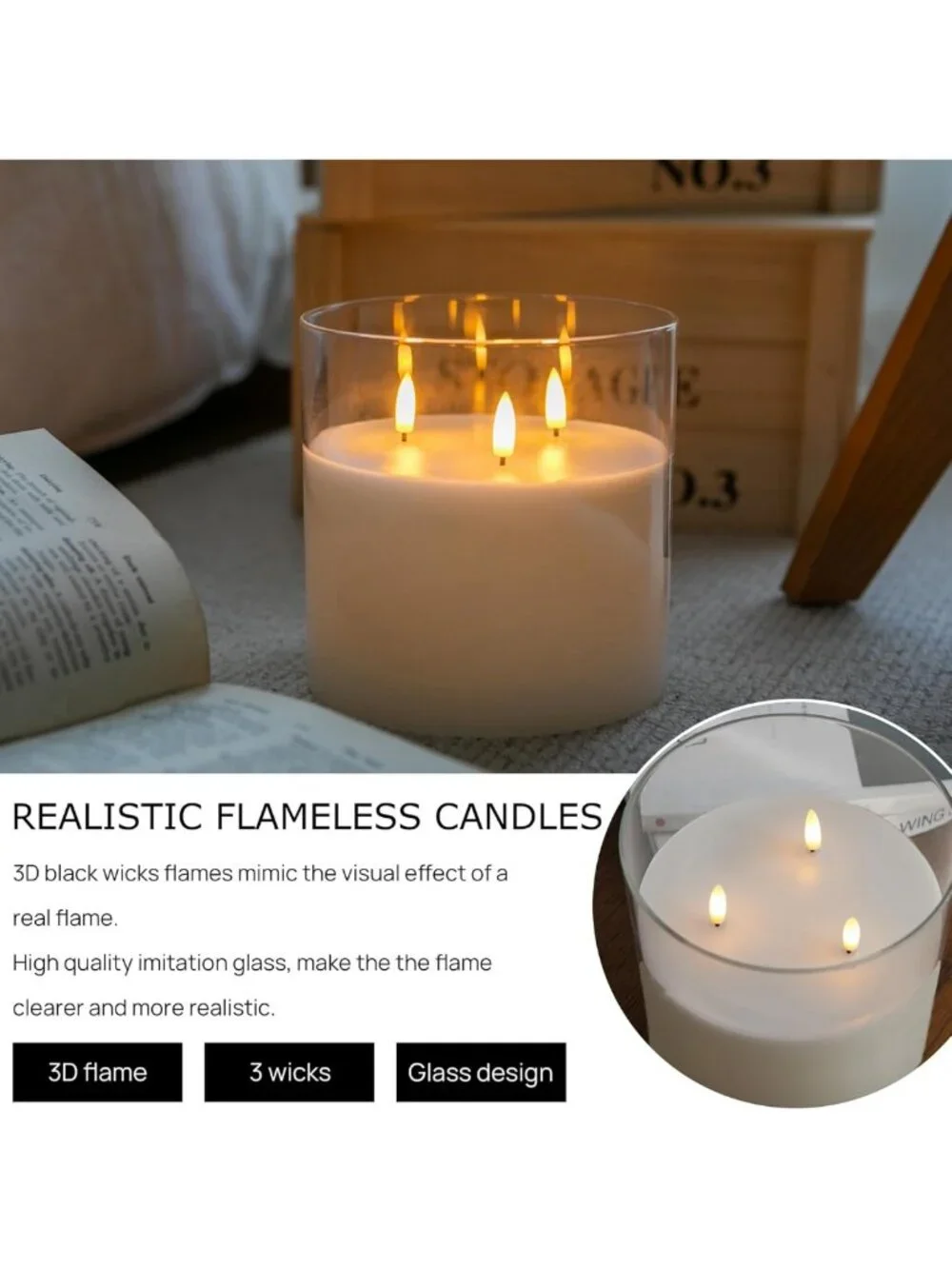 Extra Large 6x6 Flameless LED Candles with Remote - Real Wax, 3 Wicks, Perfect